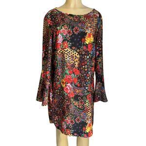 ECI New York Multicolor Floral Bell Sleeve Dress Sz 10 Boho Fall Style Festival